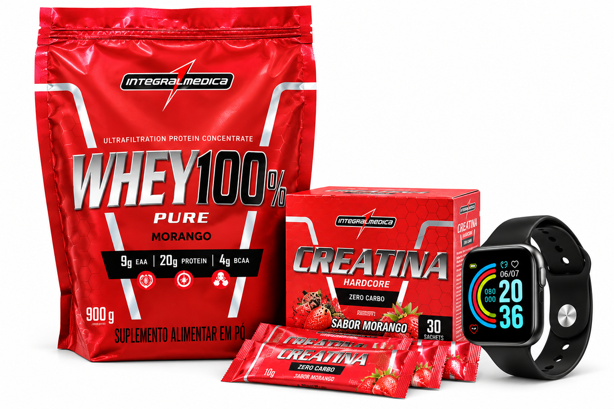 Whey 100% integral médica + creatina sachet + smartwatch de regalo